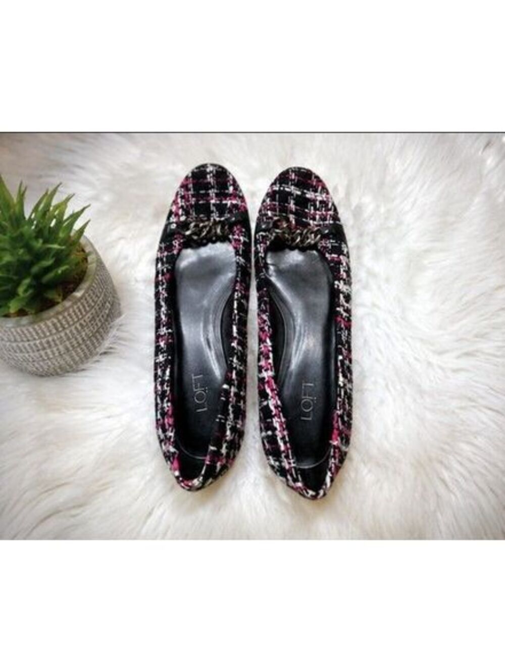 LOFT Pink Black Tweed Chain Detail Ballet Flats Slip On Shoes Chanel-inspired 9M